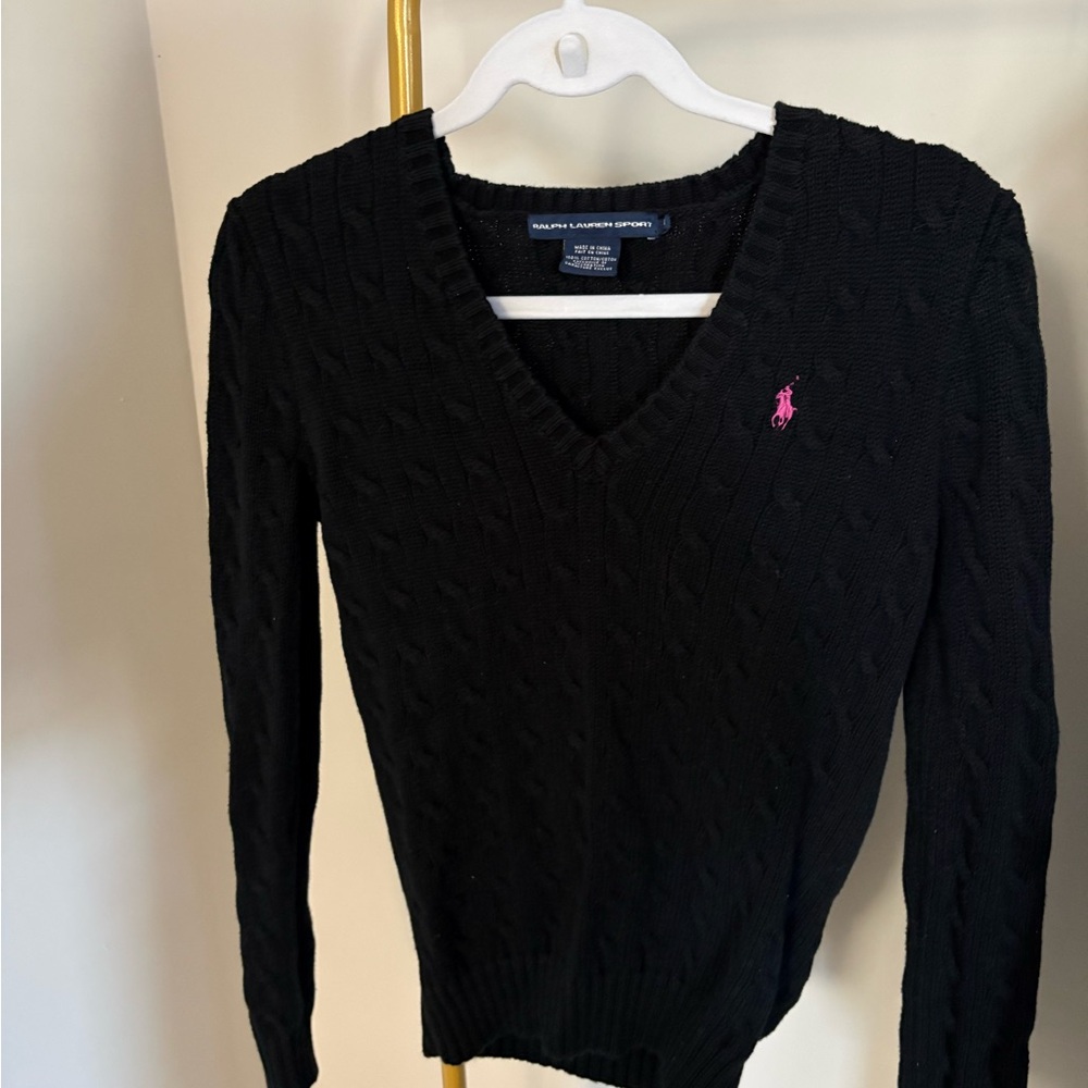 Ralph Lauren Black V-Neck Sweater with Pink Logo